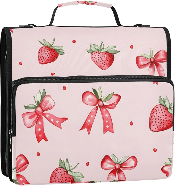 Strawberries Bows Pattern Zipper Binder 3 Ring Binder with Shoulder Strap 500 Sheet Capacity Storage Organizer File Folder