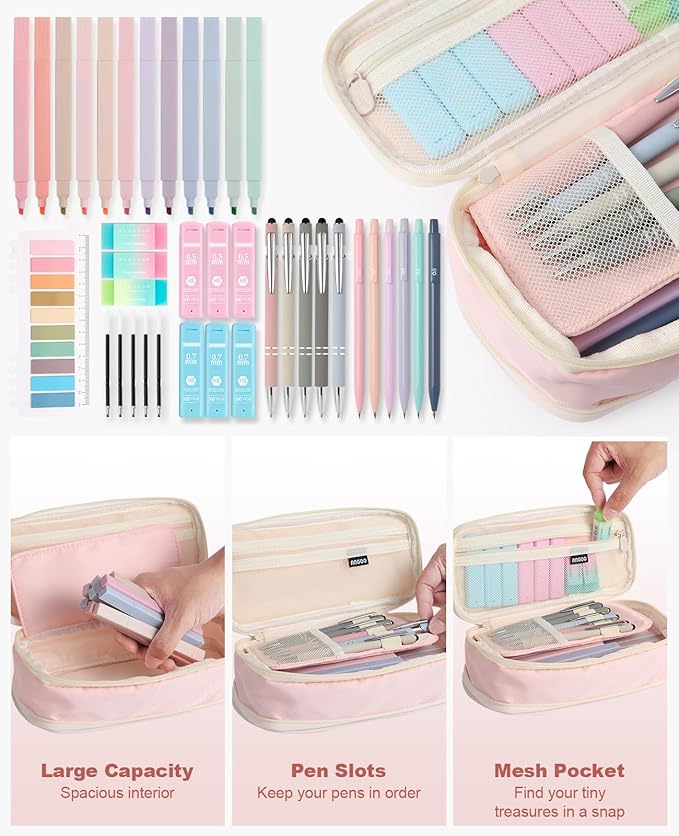 39PCS Aesthetic School Supplies with Cute Pencil Case, 5X Ballpoint Pens with Stylus Tip, 12X Pastel Highlighters, 6X Mechanical Pencil Set 0.5&0.7mm, Suit for Preppy School College Essentials (pink)