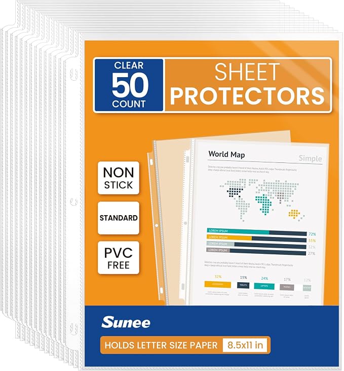SUNEE Sheet Protectors 50 Packs for 3 Ring Binder, 8.5x11 Clear Plastic Page Sleeves for Paper, Documents, Certificate, Sheet Music, Recipe, File