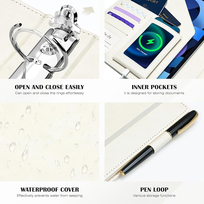 Ospelelf Leather 3 Ring Binder for Letter Size Documents with PVC Pocketed Dividers, Pencil Pouch & Notepad, 1 Inch Round Rings, Holds 175 Sheets, for Office School Home Organization, Flower White