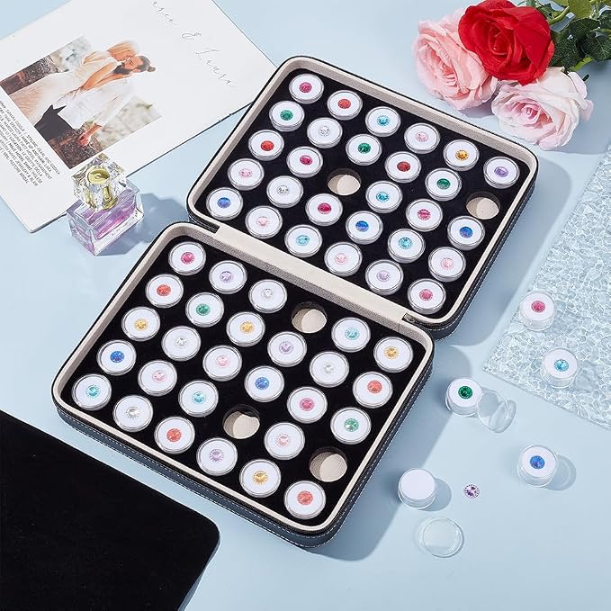 BENECREAT 60 Pcs 1.2x0.6 Inch Plastic Gem Jars, Closeable Gemstone Collection Storage Box with Foam Insert, Display Tray Set for Loose Diamond Collectibles Crystal, Diamond Display Case
