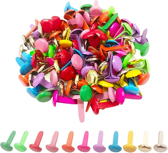 BlingKingdom 100 PCS Brad Paper Fasteners for Crafts, 0.3 x 0.6 Split Pin | Flexible, Durable and Sturdy, Round, Metal Brad Fastener for DIY Projects, Scrapbooking, Office (Colorful)