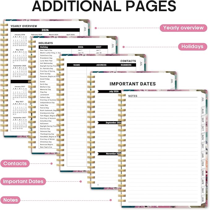 Academic Planner 2026-2027, Monthly & Weekly Jul 2026-Jun 2027 Planner | 6.3" x 8.5" Calendar Planner for Women, Hardcover Pretty Organizer for Women, School Office Home Supplies, Petaline Wash