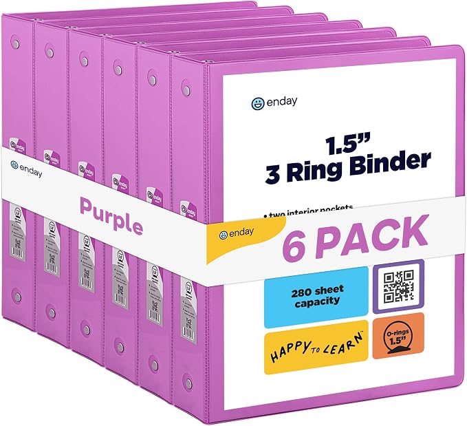 Enday 1.5 Inch Binder (6 Pack - Purple) 3 Ring Binder 1.5 inch with Clear View Cover and 2 Inside Pocket - for Letter Size 8.5 x 11'' Paper, Ideal for School Supplies, Office, and Home