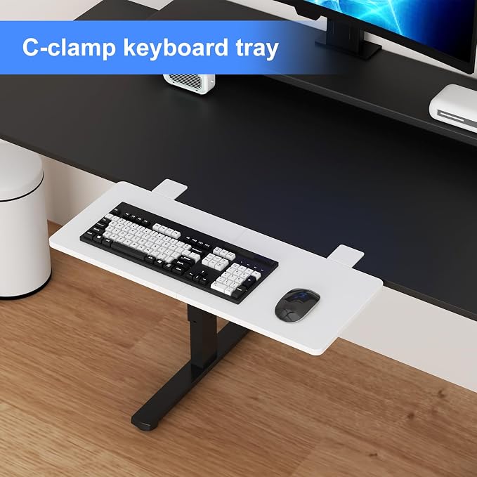 Suptek Clamp-on 9.5 x 23.6 inch Desk Extender, Wrist Support, Foldable Keyboard Tray Platform, Suitable for Office Desks, White, DSF3LW