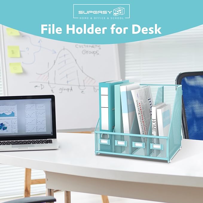 4-Compartment Magazine File Holder and File Organizer for Desk, Blue | Metal Magazine Holder and Magazine File Holder, 4-Compartment File Organizer for Binders Folders Magazines and Paper