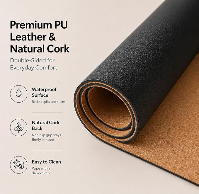 AFIING Cork Desk Mat, Black,23.6" x 13.7", Desk Pad Protector | Dual-Sided Cork & PU Leather, Waterproof, Non-Slip for Mouse, Writing, Home Office& Laptop
