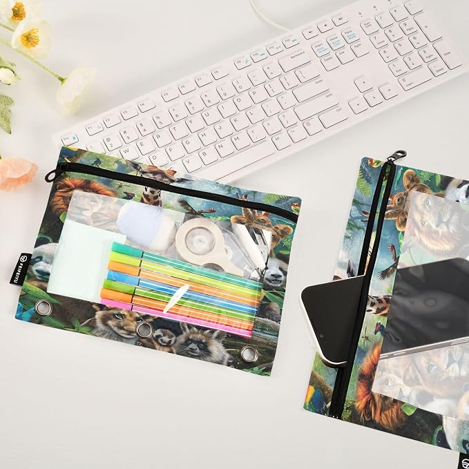 Animals Pencil Pouch for 3 Ring Binder, 2 Pack Waterproof Pencil Bags Clear Window Pencil Case Zipper School Office Supplies