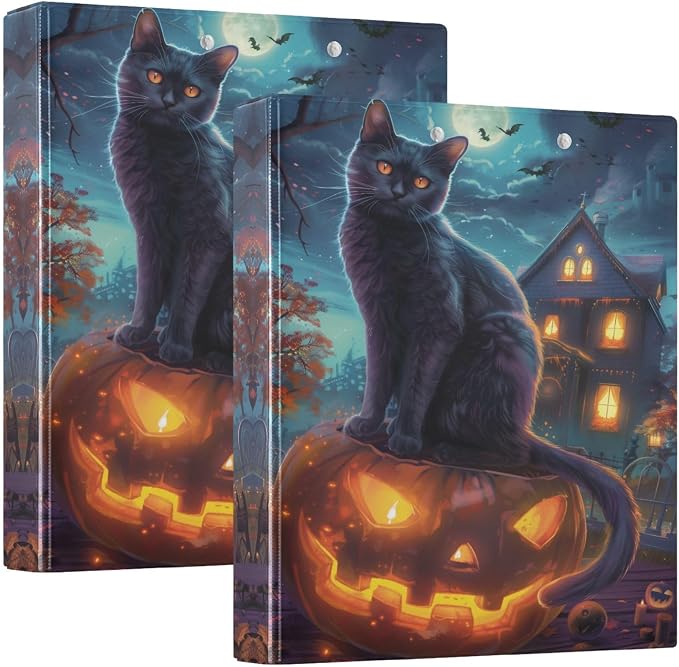 Halloween Cat Pumpkin 1.5 Inch 3 Round Ring Binders with Pocket Clip, Holds 200 Sheets Documents for Office Classroom Student Organization Hard d Ring Binders with Printed