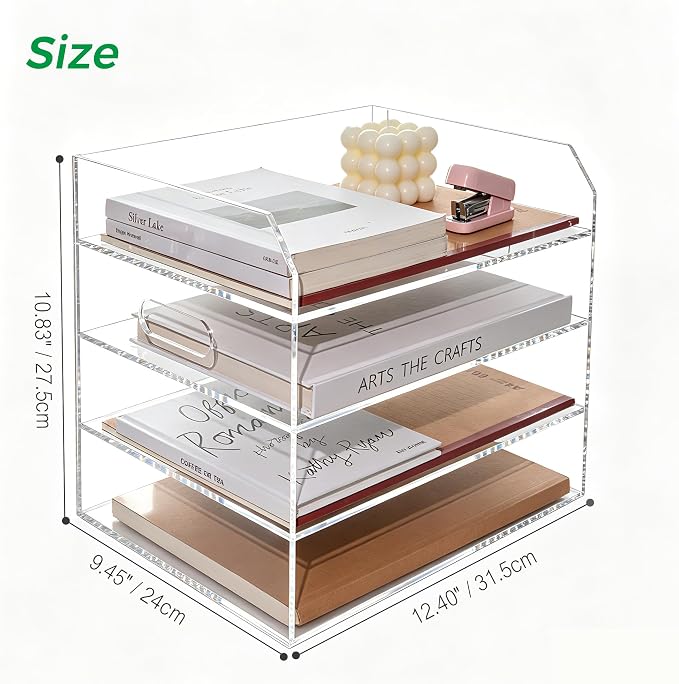 Paper Tray Organizer for Desk, 4 Tier Acrylic Desk Organizers and Accessories, One-Piece Integrated A4 Paper Organizer with Handles, Crystal-Clear Letter Tray & Office File Holder, Books Notes