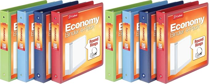 Cardinal 3 Ring Binders, Round Rings, Holds 350 Sheets, ClearVue Presentation View, Non-Stick, Assorted Colors (79550), 1.5 Inch, (Pack of 8)