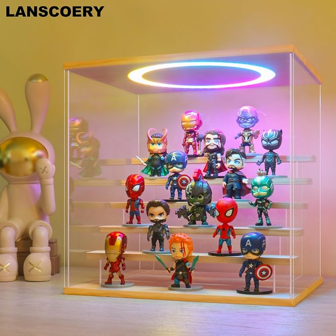 LANSCOERY Acrylic Display Case with RGBW Lights, 6 Tier Large Wood Finish | LANSCOERY Acrylic Display Case with RGBW Lights, 6 Tier Large Wood Finish