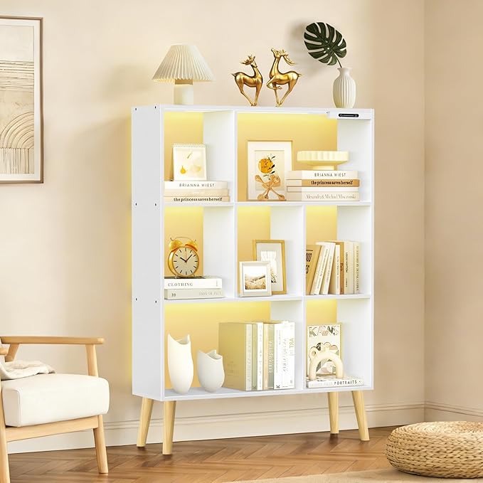 7-Cube Bookshelf with LED Lights, Touch & Remote Control, Freestanding Open Bookcase Storage Shelf, Dimmable Modern Wooden Display Organizer with Legs for Living Room, Bedroom, Office(White)