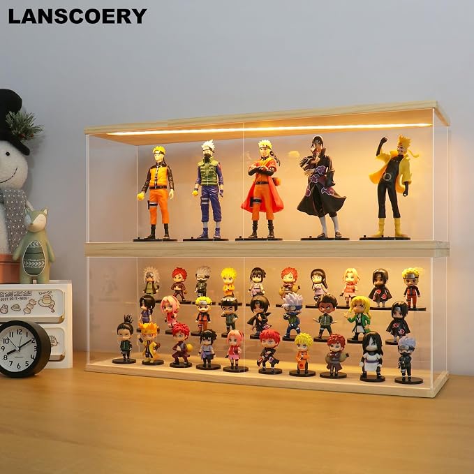 LANSCOERY LED Lighted Acrylic Display Case, 3 Tier Display Box for Collectibles and Action Figures, Clear Dustproof Organizer with Wooden Base – 23x6.5x7.4inch