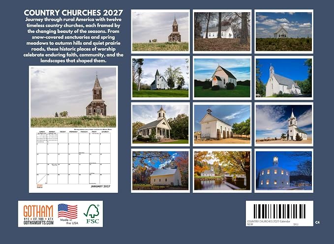Country Churches Calendar 2027 Wall | American Made In The USA