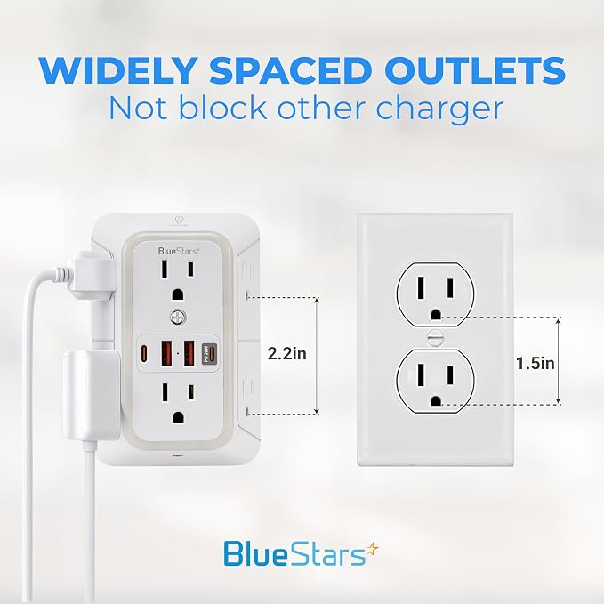 Surge Protector Outlet Extender, 6 Outlets & 4 USB Ports with Fast Charging Type C PD 20W, Night Light, 3-Sided Power Strip, Multi Plug Wall Charger for Home, Office, Travel, Cruise Ship
