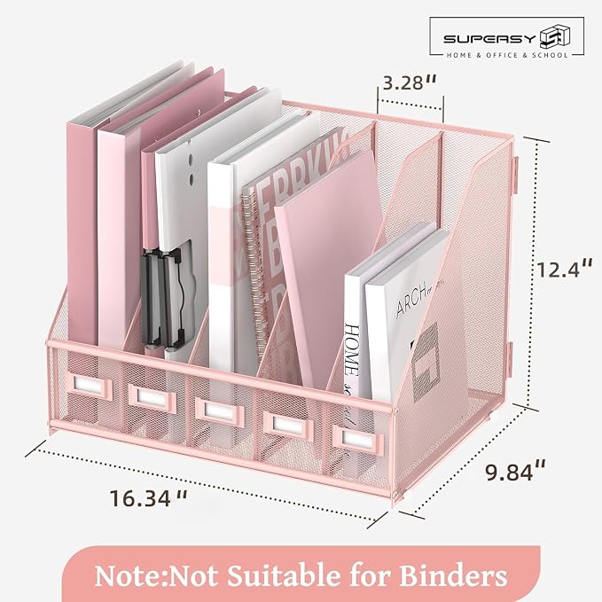 Desk Organizers Metal Desk Magazine File Holder with 5 Vertical Compartments Rack File Organizer for Office Desktop, Classroom, Home Workspace, Pink