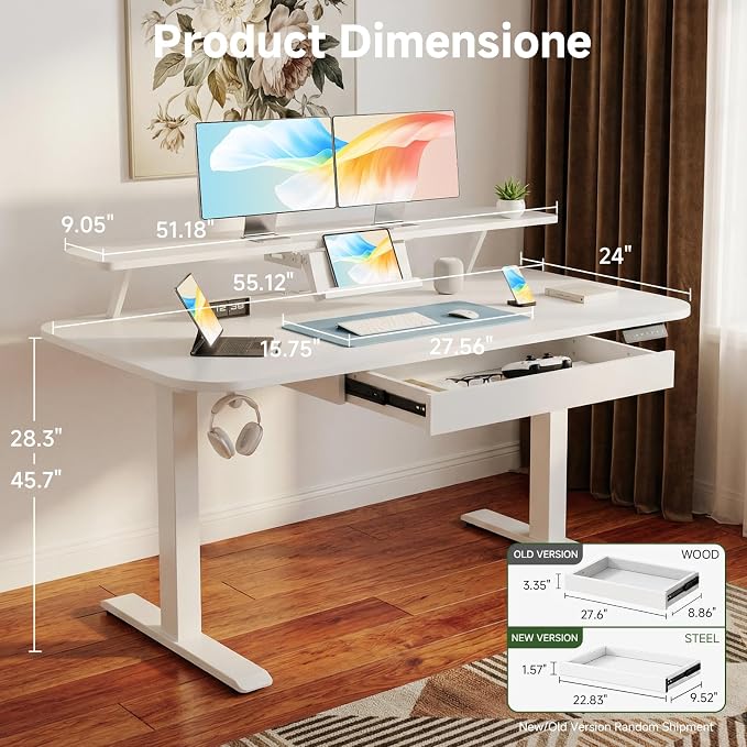 COMHOMA Electric Standing Desk with Drawers, 55 x 24 Inch Sit Stand up Desk with Monitor Stand, Laptop Stand, Height Adjustable Ergonomic Home Office Computer Desks with Memory Preset Controller