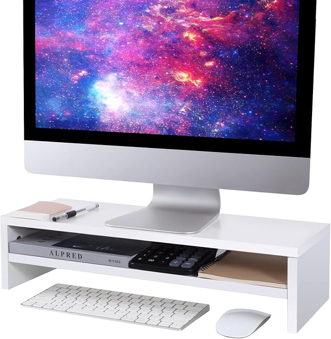 BEYGORM Monitor Stand Riser, White, 21.6 inch, 2 Tiers Wood Desk Shelf | For Full Keyboard, Computer Screen Stand with Storage for Desktop Laptop/Screen/TV/PC/Printer 21.6"L x 7.8"W x 5.2"H
