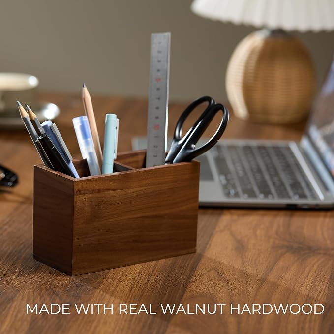 Walnut Pencil Holder (Double Slots) Wood Pen Holder for Desk