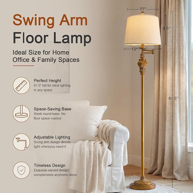 Vintage Floor Lamp with 350° Adjustable Swing Arm 61" Lamps for Living Room | Gold Floor Lamp, Standing Lamp for Bedroom, Retro Brass Antique Floor Lamp Mid Century Farmhouse Rustic Tall Swivel Pole Lamp