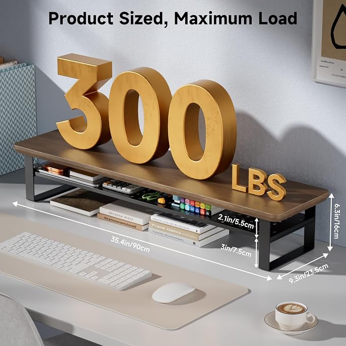 Dual Monitor Stand, 35.4 Inch Monitor Stand Riser for 2 Monitors, 2 Tiers Wood Desk Shelf with Storage, Desktop Organizer Stand for Computer, Laptop, Printer, TV