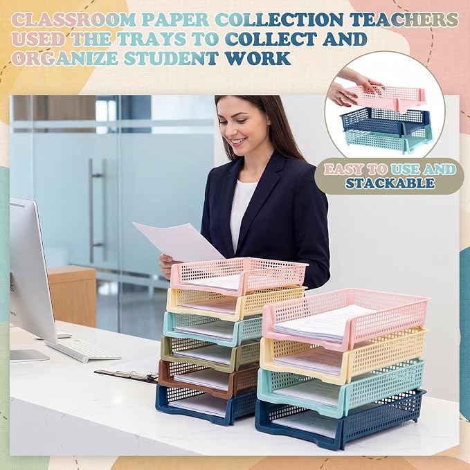 Weysat 6 Pcs Turn in Trays Classroom, Stackable Paper Tray for Classroom Organization Plastic Desk File Organizer Bin Basket for Library Drawer Teacher Office Document Storage (Morandi Tones,Narrow)