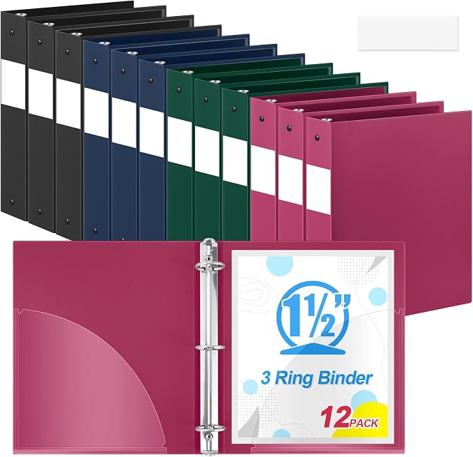 Henoyso 12 Pcs 1.5" 3 Ring Binders, Colored Binders, Assorted Dark Color | Flexible Soft Binders, for Office School Business, Fits Letter Size 8.5'' x 11'' Paper, Holds 100 Sheets with 2 Pockets