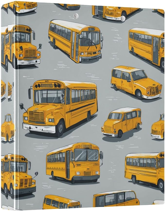 Caikeny 3 Ring Binder Cartoon Yellow School Buses 1.5 Inch Binders Round Ring Clipboard with 2 Pockets for Office Supplies