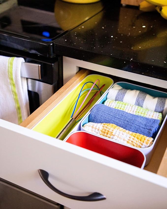Three by Three Seattle Metal Drawer Organizer Tray Set, 5-Pc, 2" (Assorted) | Deep 2" food-safe metal bins; soft non-scratch base; perfect for kitchen utensils, tools & bulkier drawer items