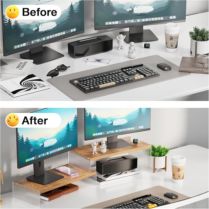YGYQZ Adjustable Monitor Stand Riser, 7.67"×15.74" Dual Monitor Desk Stand | Adjustable Monitor Riser, Expandable Desk Organizer, 2-Tier Storage, Acrylic Legs, Ergonomic Workspace, Wood Wavy
