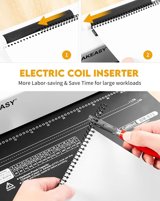 Spiral Binding Machine, 4:1 Pitch, 12 Sheets Punch Capacity, Electric Coil Insert, Book Binder Machine for A4/A5/Letter Size Paper, Come with 1 Box pcs 5/16'' Coils & Pliers