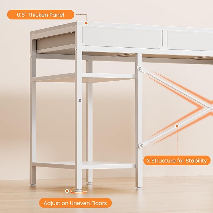 Sweetcrispy 55" Computer Desk with 6 Fabric Drawers & Storage Shelves | Reversible Gaming Desk, Office Desk, Computer Workstation, Corner Desk with Storage, Home Office, Living Room, White