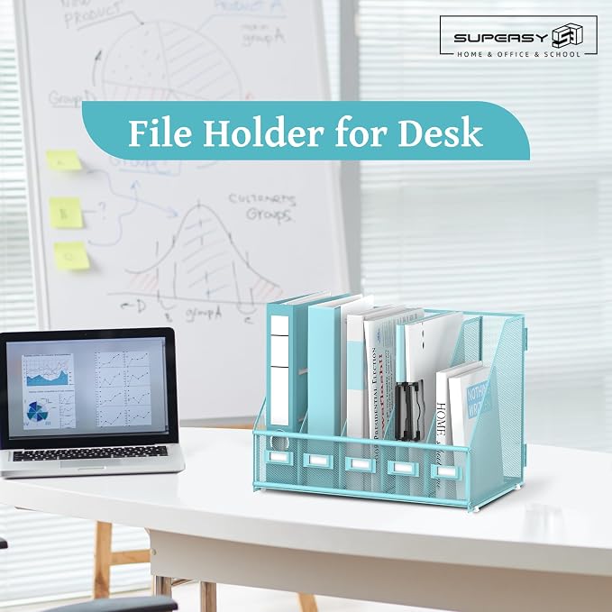 Desk Organizers Metal Desk Magazine File Holder with 5 Vertical Compartments Rack File Organizer for Office Desktop, Classroom, Home Workspace, Blue Plus