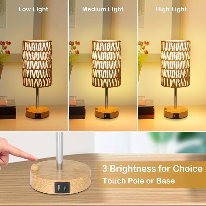 Boho Table Lamp for Bedroom with Bulb, Small Touch Control Table Lamp for Living Room with Rattan & Linen Shade, 3 Way Dimmable Bedside Lamp for Nightstand with USB Charging Port & Phone Stand