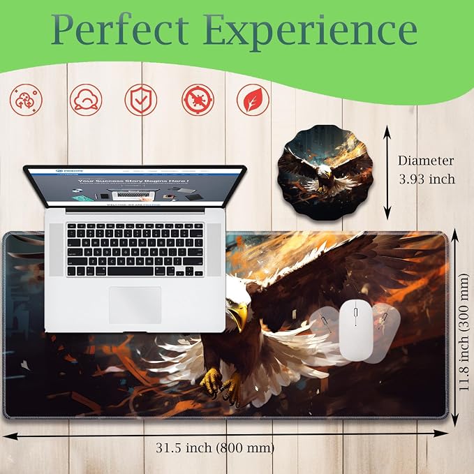 Extended Gaming Mouse Pad 31.5" x 11.8", with Edge Stitching, Non-Slip Rubber Base Keyboard Pad, Suitable for Work, Game, Office, Home and Coasters, Eagle