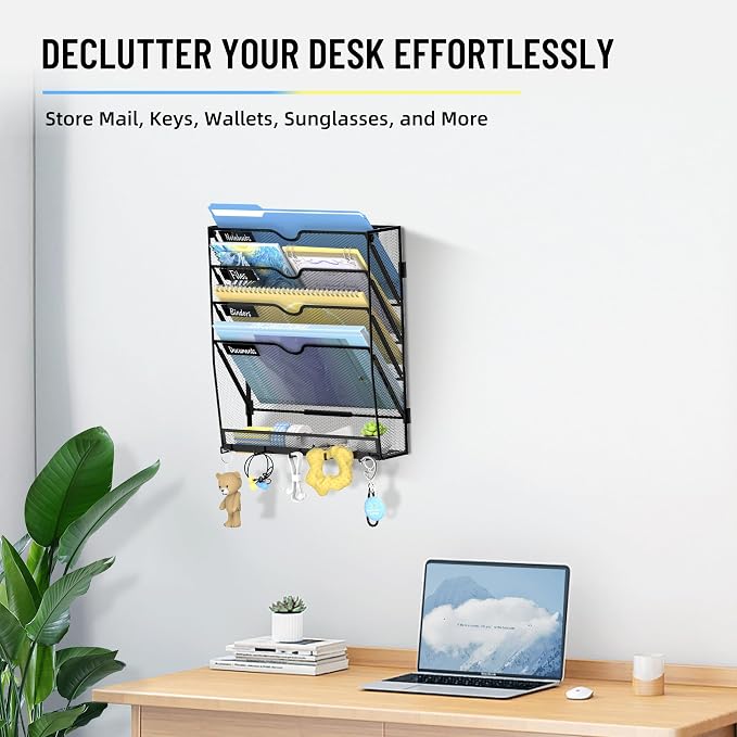 5-Tier Wall File Organizer with Hooks, Hanging File Organizer | Metal Mesh Mail Organizer, Wall Mounted File Organizer for Home, Classroom, Office Organization