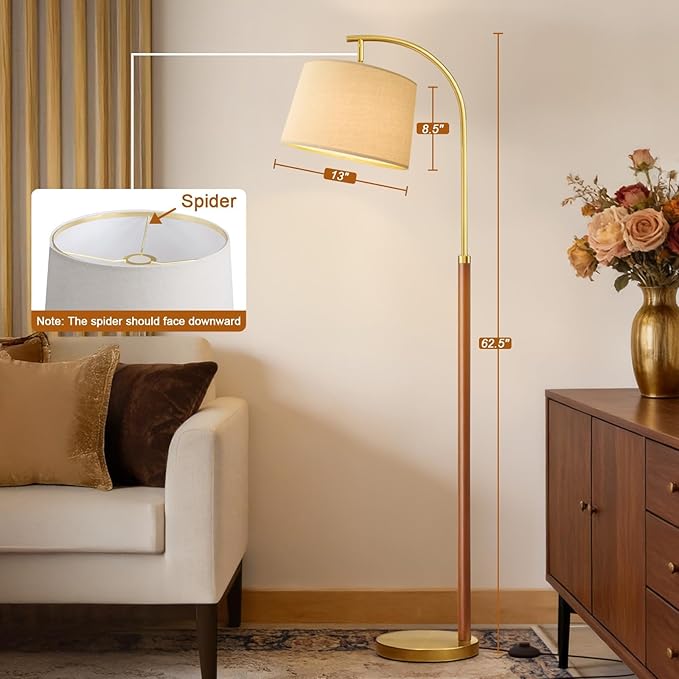 G-SAFAVA Real Wood Floor Lamps for Living Room Bedroom, 62.5" Mid Century Modern Lamp Gold Standing Tall Arc Lamps with Foot Switch, Floor Lamps for Nursery Office Decor Corner Reading Room Light