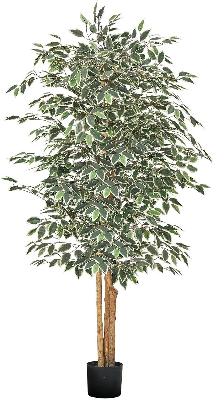 VEVOR 6FT Artificial Ficus Tree with Black Pot, Tall Faux Ficus Plant with Natural Wood Trunk and Realistic Green Leaves, Indoor Fake Silk Tree for Home, Office, Living Room, or Corner Décor