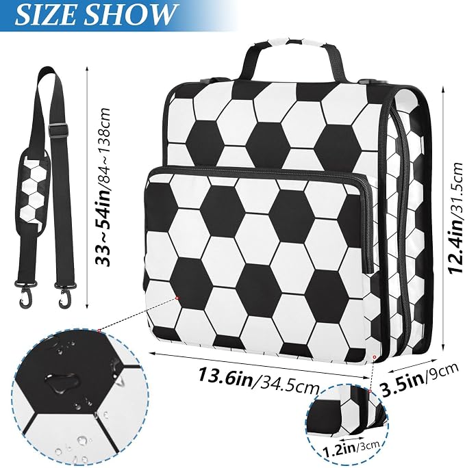 Soccer Ball Binder Bag 3 Ring Zipper with Handle Shoulder Strap | for School Work Office Organizer Storage Case
