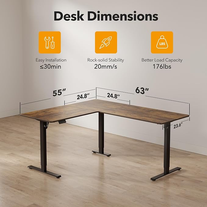 CubiCubi 63“ x 55" L Shaped Standing Desk Adjustable Height, Electric Corner Desk, Sit Stand Home Office Desk with Splice Board, Rustic Brown