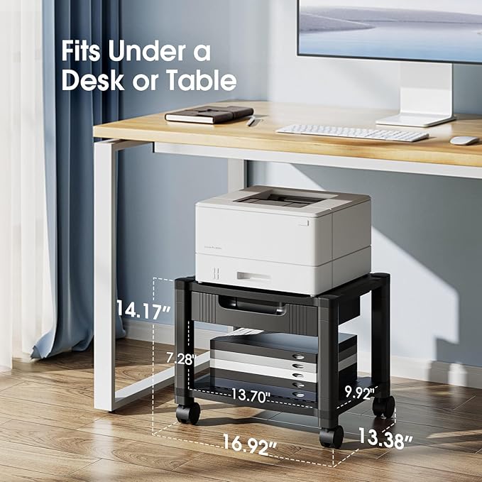 HUANUO Printer Stand with Cable Management and Storage Drawer, Printer Table with Locking Wheels, 14.1-inch Maximum Height Printer Cart for Under Desk, Home, Office, HNDPS | Cable management, 17.2 x 13.2 inch top shelf, adjustable height, 38.5 lbs capa...