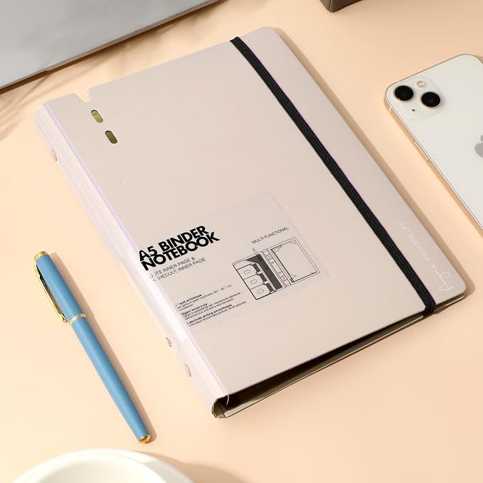 CAGIE A5 Binder 6 Ring Refillable Notebook with Dividers & Pockets | Daily Planning Square Ruled and Dotted Pages, Refill Paper Included, 6.89 x 9.25 In (Pink, A5 Daily & Dot Page)