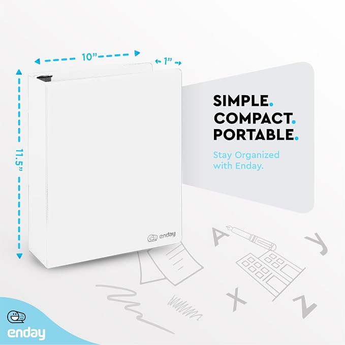 1.5 Inch Binders 3 Ring, White 1 ½ Inch Round Ring Binder with Clear View Cover & 2 Inside Pockets, School Supplies Binders (6 PC) – by Enday
