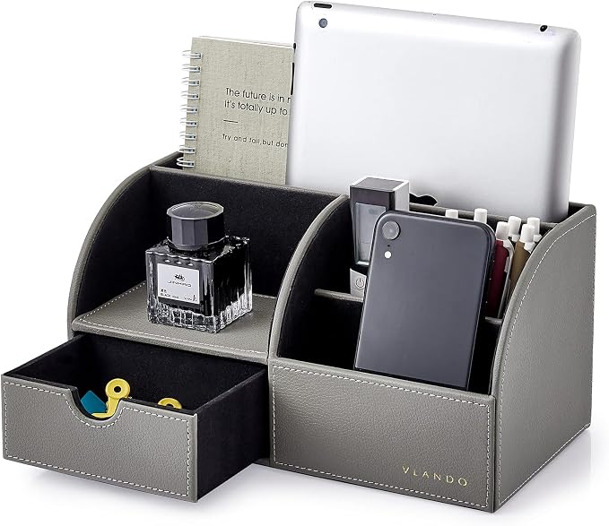 VLANDO Desk Organizer with Drawer for Office, Vanity and Nightstand, Grey | Leather caddy with compartments and drawer organizes office supplies, makeup and bedside essentials in one station