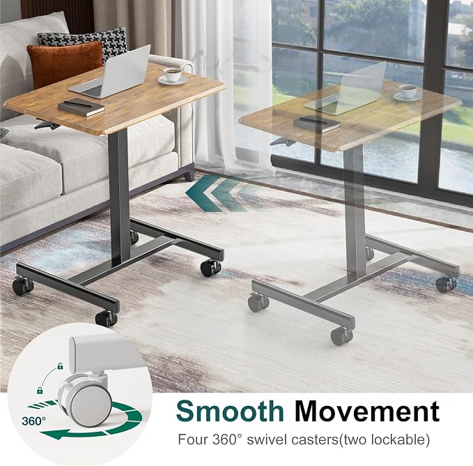 DUMOS Mobile Small Standing Desk, Laptop Desk, Home Office | Portable Rolling Design, 2 Lockable Wheels, Adjustable Height Computer Workstation, 19 Inch, Brown