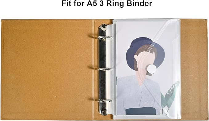 Plastic 3 Ring Binder Pockets Clear Pouches for 5.5’’ x 8.5’’ Paper Folder Organizer Hook Loop Closure 40 Pack