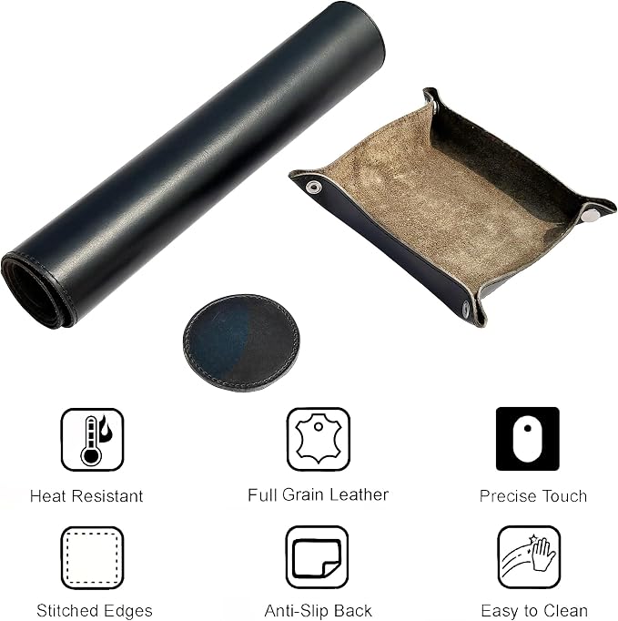 Leather Desk Mat Set (32x16) - Full Grain Large Computer Gaming Mouse Pad | Non-Slip, Table Cover Blotter Protector, Smooth Control, Stitched Edges, Desktop Laptop Accessory with Valet Tray & Coaster