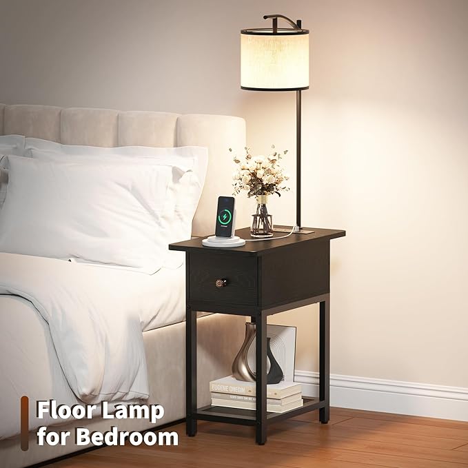 runjuly Floor Lamp with Table, Narrow Side Table with Charging Station | Wood Drawer, Built in Type-C and USB Port, Open Shelves, Light Attached Nightstand, End Table for Living Room Bedroom, Black
