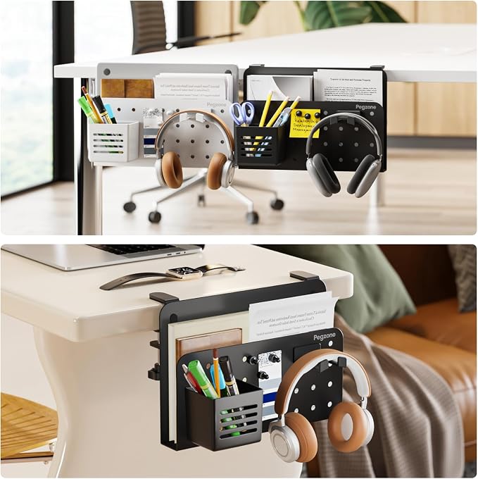 Desk Side Storage Organizer, Fits Flat Edge 0.4" to 2.2", Black | No Drill Under Desk Laptop Holder, Clamp on Desks Shelf with Pegboard Accessories, Hanging Laptop Mount